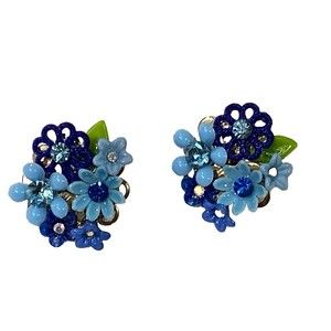 Blue Flowers Cluster Rhinestone Clip Back  Earring Unique AYLA Creations Detail